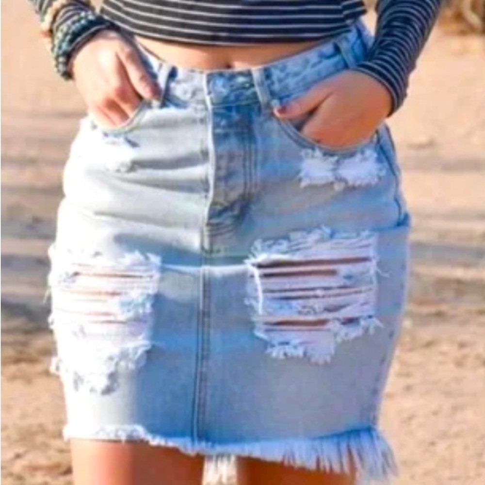 Distressed Light Wash Denim Skirt